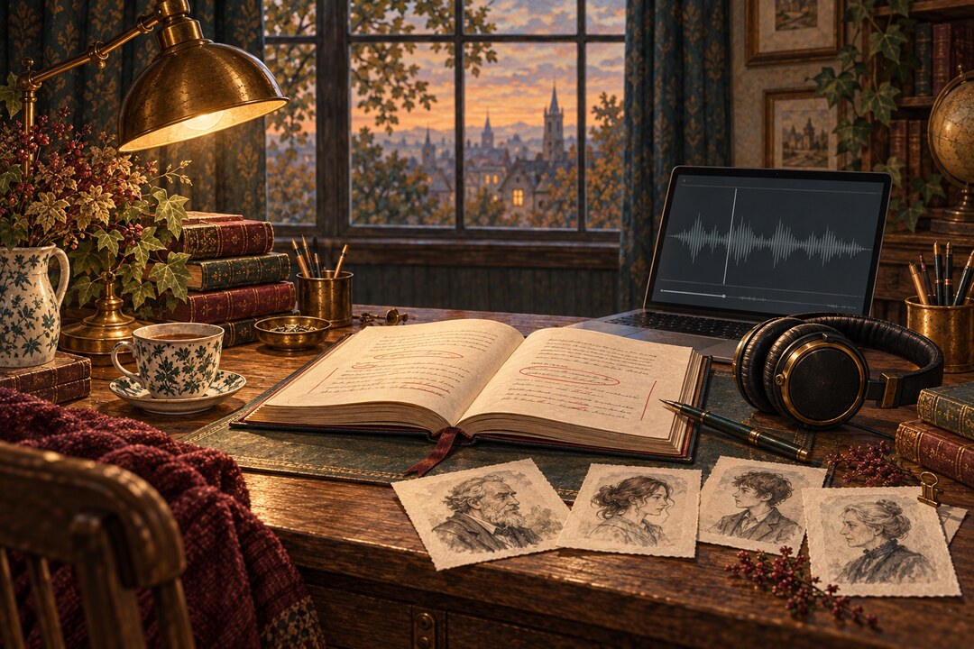 A writing desk at dusk with an open, annotated manuscript, pencil sketches of characters, a fountain pen, headphones, a brass lamp and a laptop showing an audio waveform, beneath a window overlooking a spired town.