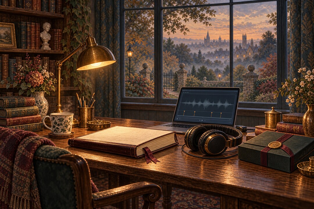 A tidy desk by a window at dusk with a finished bound book, headphones, a laptop showing an audio waveform, a cup of tea and a parcel tied with ribbon and sealed with wax, ready for delivery.