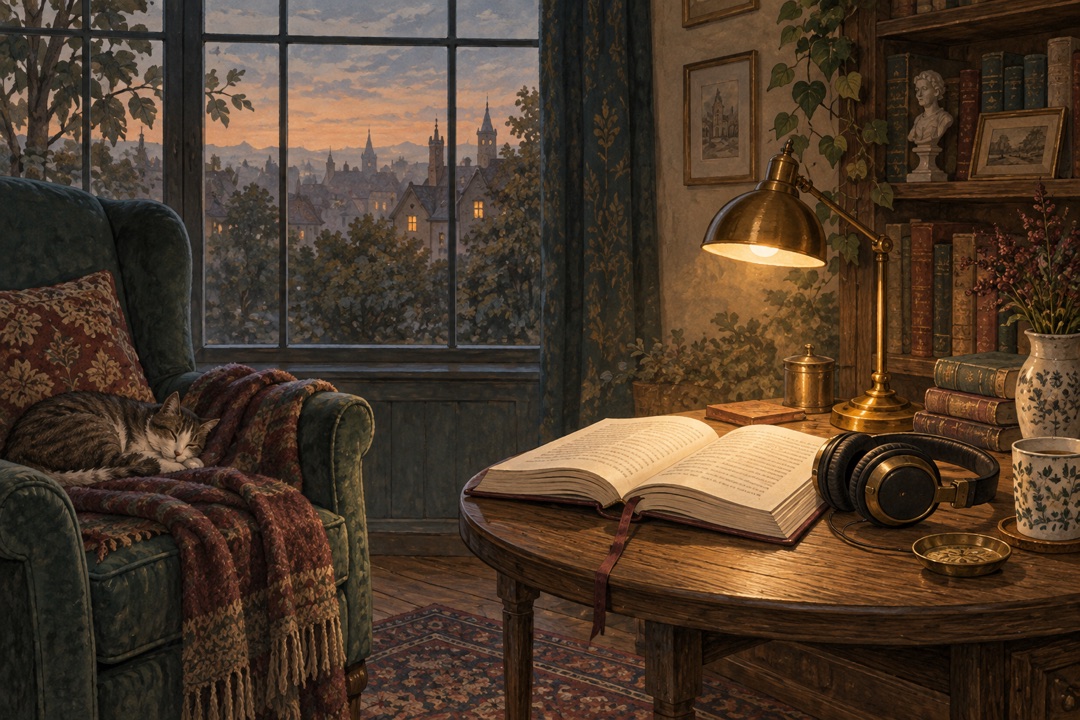 An open book and headphones on a side table beside an armchair and a tall window at dusk, lit by a small brass lamp.