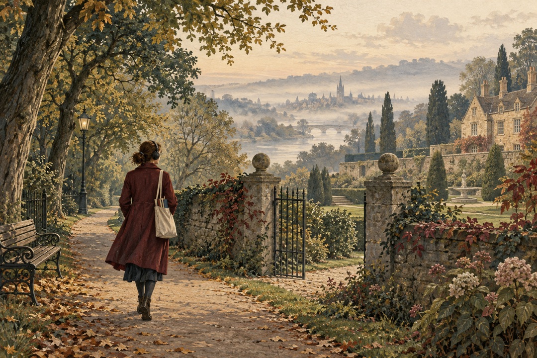 A walker in a coat and headphones on a park path, the way ahead softening into the landscape of a classic novel.