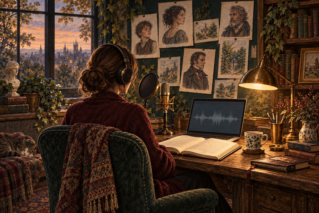 A producer in headphones seen from behind at a desk with a studio microphone and a laptop showing an audio waveform, facing a pinboard of pencil portraits of characters, with bookshelves and a view of a spired town at dusk.